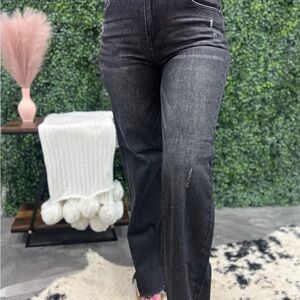 RISEN High-waisted Distressed Hem Blackwash Jean